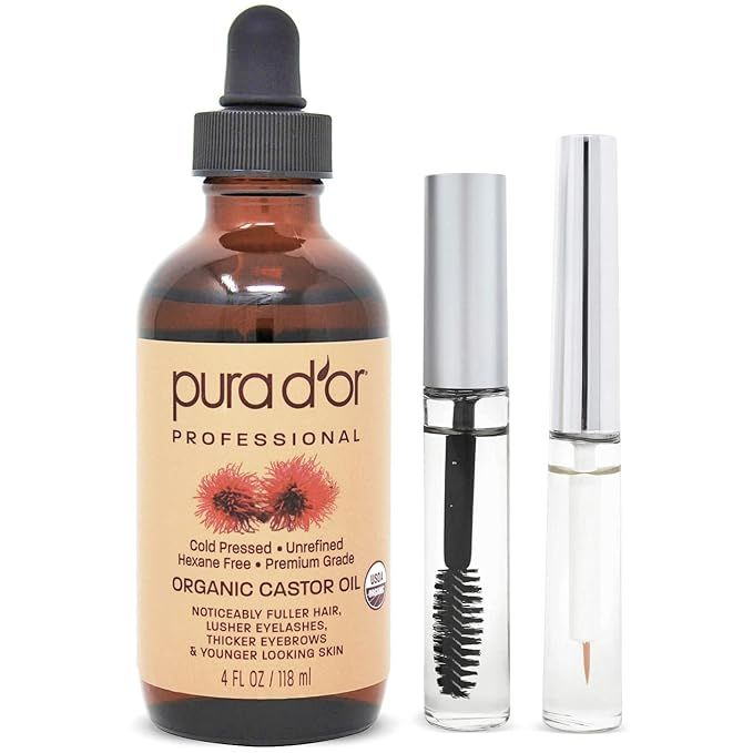 PURA D'OR Organic Castor Oil (4oz + 2 BONUS Pre-Filled Eyelash & Eyebrow Brushes) 100% Pure, Cold... | Amazon (US)