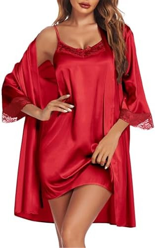 Ekouaer Sleepwear Women's Satin Nightgown with Robes Set 2 Piece Sexy Lace Cami Nightwear | Amazon (US)