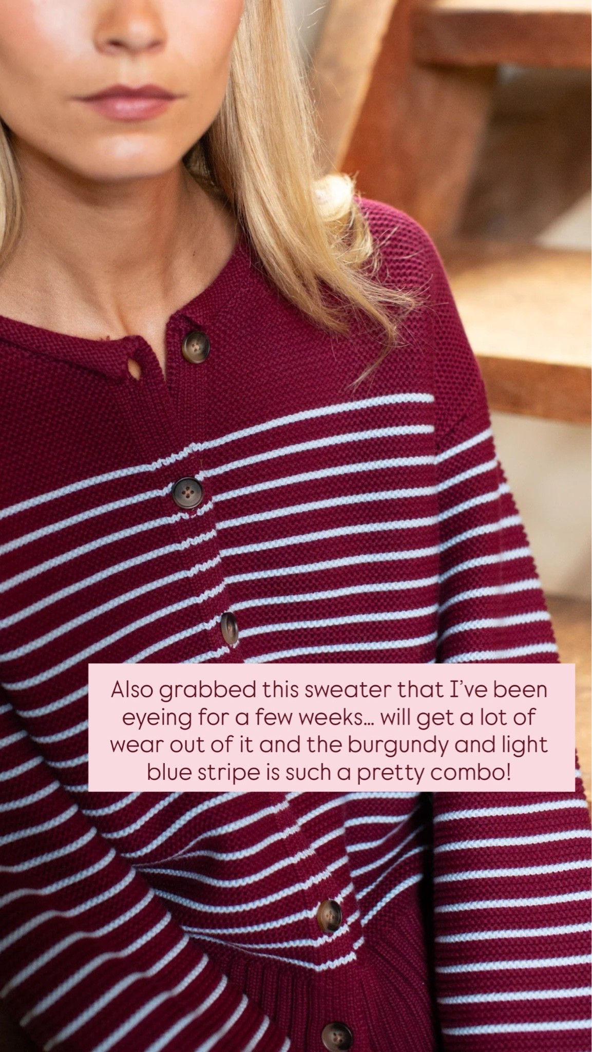 Also grabbed this sweater that I’ve been eyeing for a few weeks… will get a lot of wear out of it and the burgundy and light blue stripe is such a pretty combo!

Fall fashion, fall accessories OOTD, transitional outfit, workwear, fall top, seasonal outfit, school dropoff look,