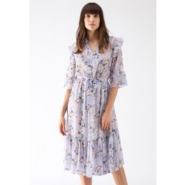 By My Side Floral Asymmetric Ruffle Chiffon Dress in Lilac | Chicwish