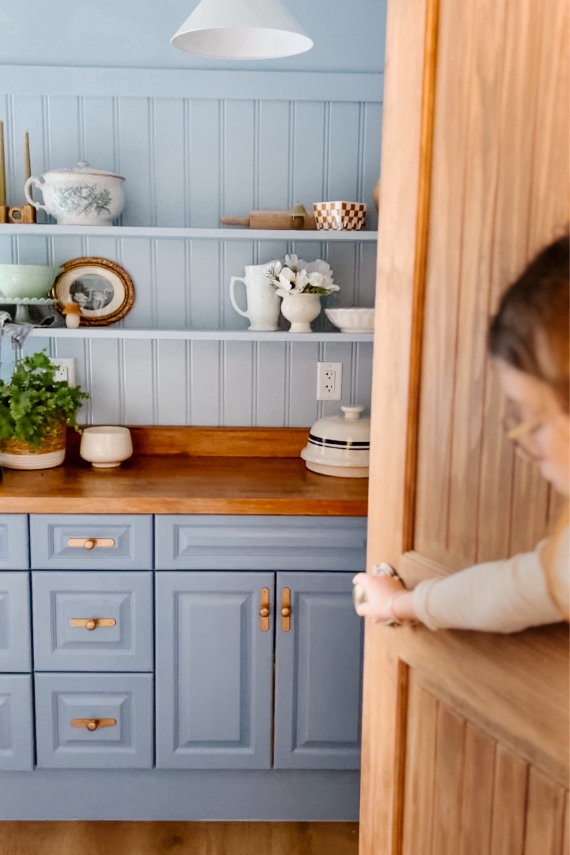 Butlers pantry lighting, wooden door, butcher block countertop, budget friendly custom bamboo shades 

#LTKhome #LTKsalealert #LTKSpringSale