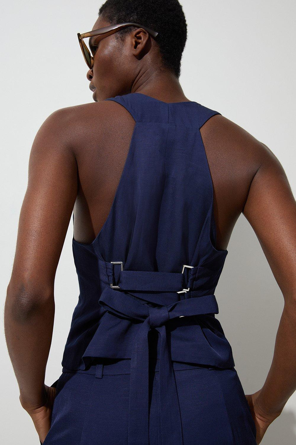 Tailored Viscose Linen Corset Back Detail Vest | Karen Millen US