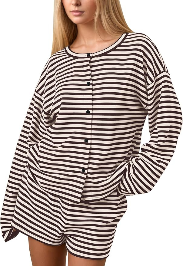 Womens Striped Sets Button Up Tops Baggy Shorts Set with Pockets | Amazon (US)