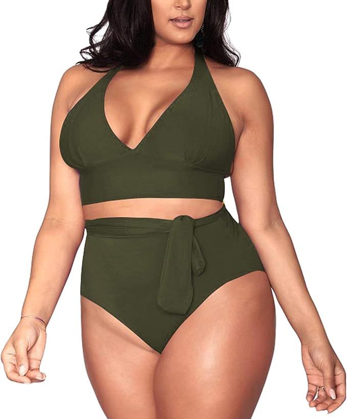 Sovoyontee Women's Plus Size High Waisted Tummy Control Swimwear Swimsuit Full Coverage | Amazon (US)
