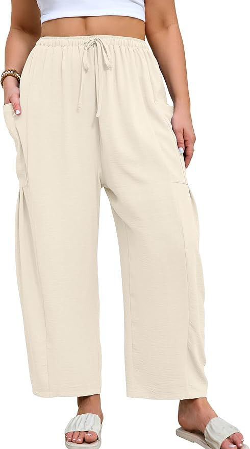 AusLook Plus Size Wide Leg Pants for Women with Pockets Elastic Drawstring Ankle Length Palazzo S... | Amazon (US)