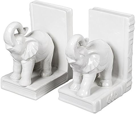White Glazed Ceramic Elephants Bookend Set | Amazon (US)