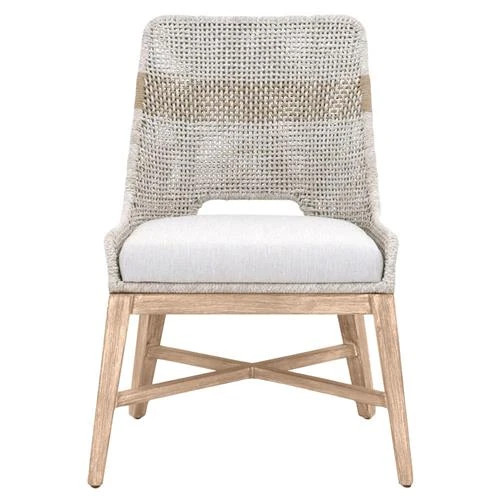 Theodore Coastal Taupe Woven Fixed Cushion Mahogany Dining Side Chair - Set of 2 | Kathy Kuo Home