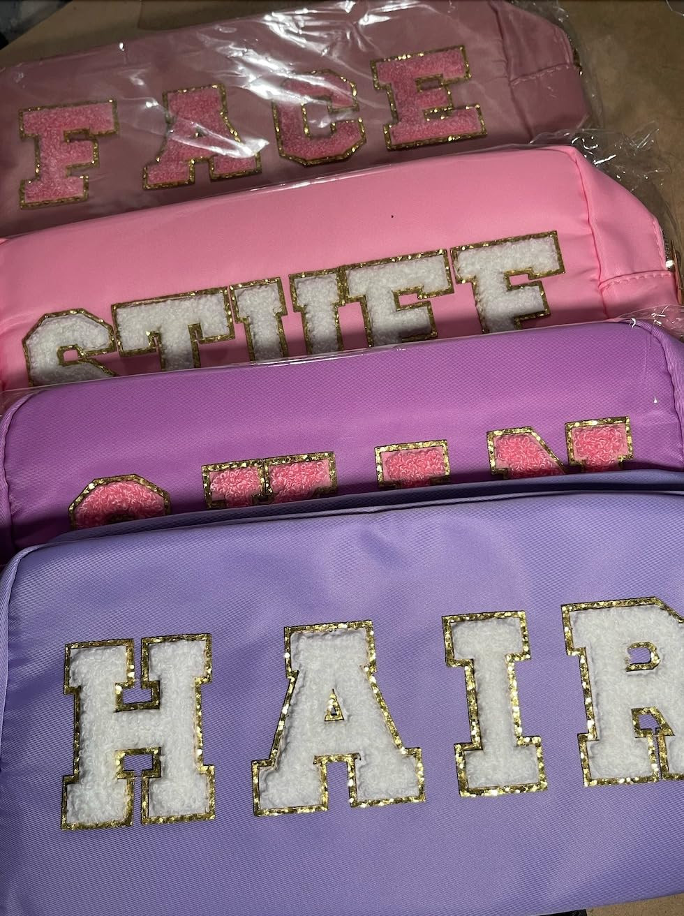 Cunno 4 Pcs Preppy Makeup Bag Chenille Letter Nylon Cosmetic Bag Makeup Bag Toiletry Cosmetic Cas... | Amazon (US)