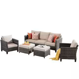 New Vultros Gray 5-Piece Wicker Outdoor Patio Conversation Seating Set with Beige Cushions | The Home Depot