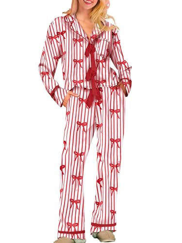 Lshyuehao Christmas Pajamas for Women Bow Tie Long Sleeve Shirt Pants Satin Silk Xmas Graphic 2 Piece Pjs Set Sleepwear (A-Striped Bow Red, M) | Amazon (US)