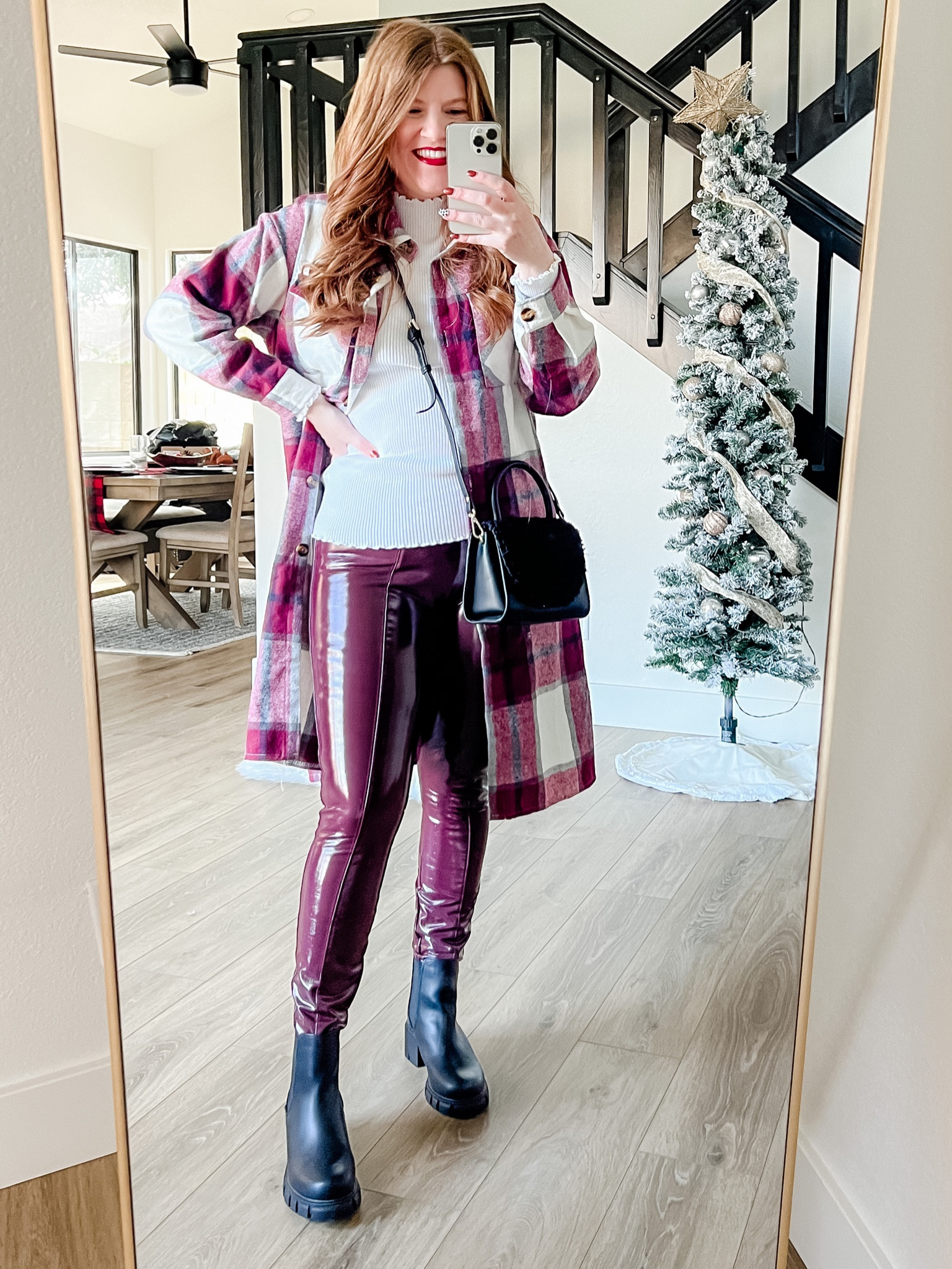 Faux leather patent leggings from spanx on sale! Sized up one to large petite. Winter outfit. Plaid shacket from amazon size medium. 

#LTKHoliday #LTKsalealert #LTKstyletip