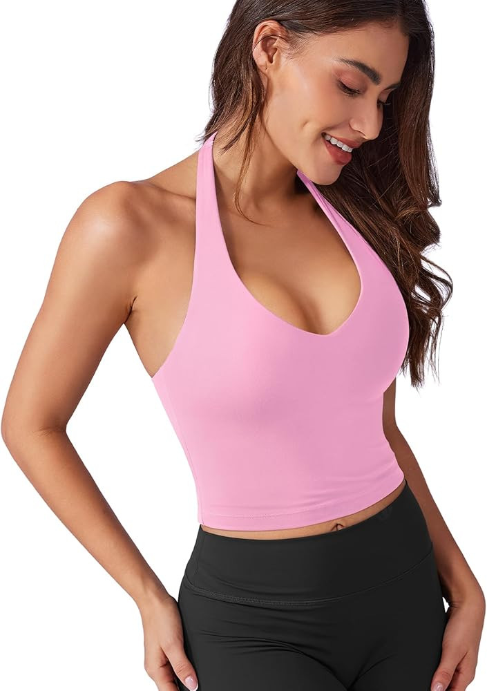 VOYJOY Women Halter Crop Top Padded V Neck Backless Sleeveless Workout Halter Tank Tops Going Out... | Amazon (US)