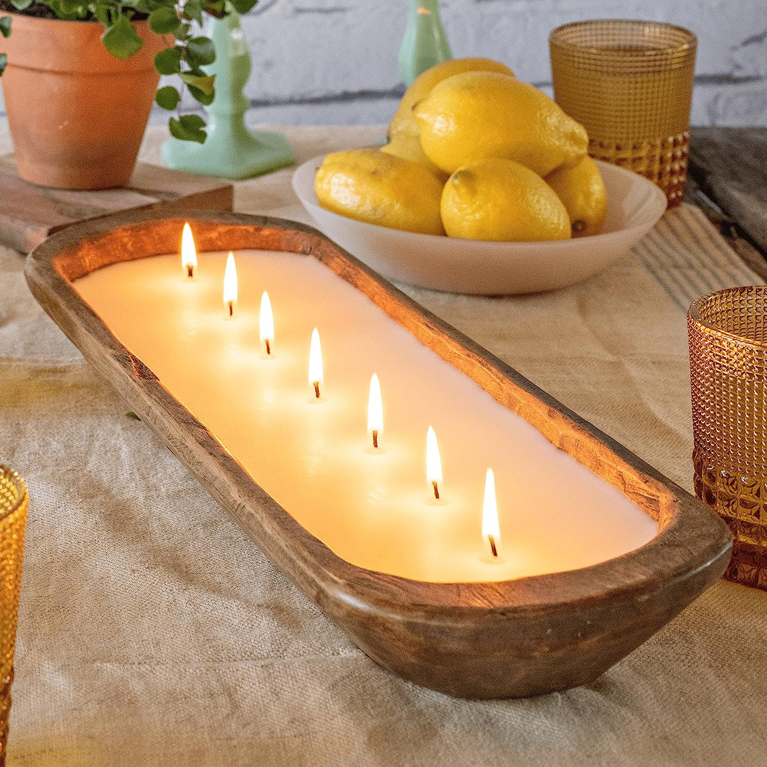Wooden Dough Bowl Candles 20 Inch, Farmhouse Dough Bowl Candles Table Centerpiece Wooden Dough Bo... | Amazon (US)