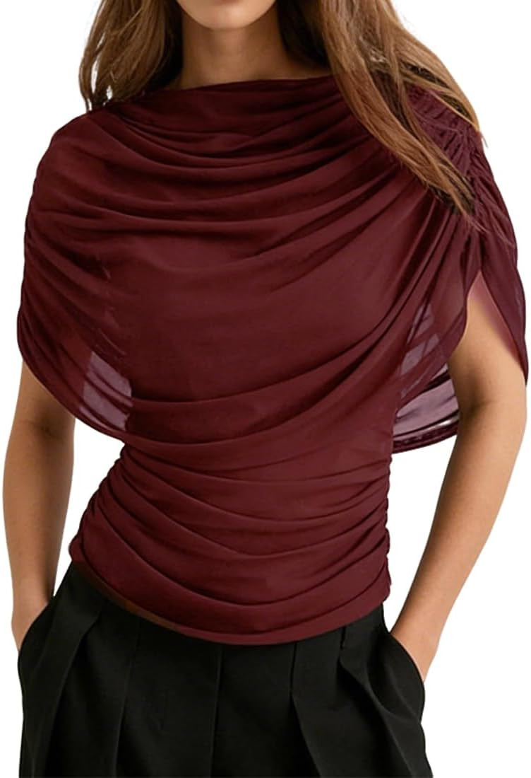 Women Dressy Draped Half Cape Sleeve Ruched Waist Tee Shirt Top Flowy Sheer Mesh Panel Boat Neck Slim Fit Blouse | Amazon (US)