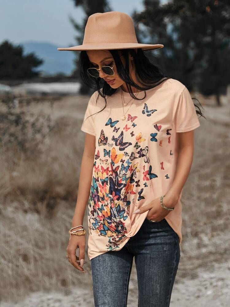 Butterfly Print Twist Hem Tee | SHEIN