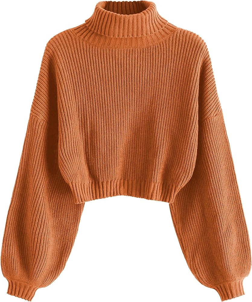 ZAFUL Women's Cropped Turtleneck Sweater Lantern Sleeve Ribbed Knit Pullover Sweater Jumper | Amazon (US)