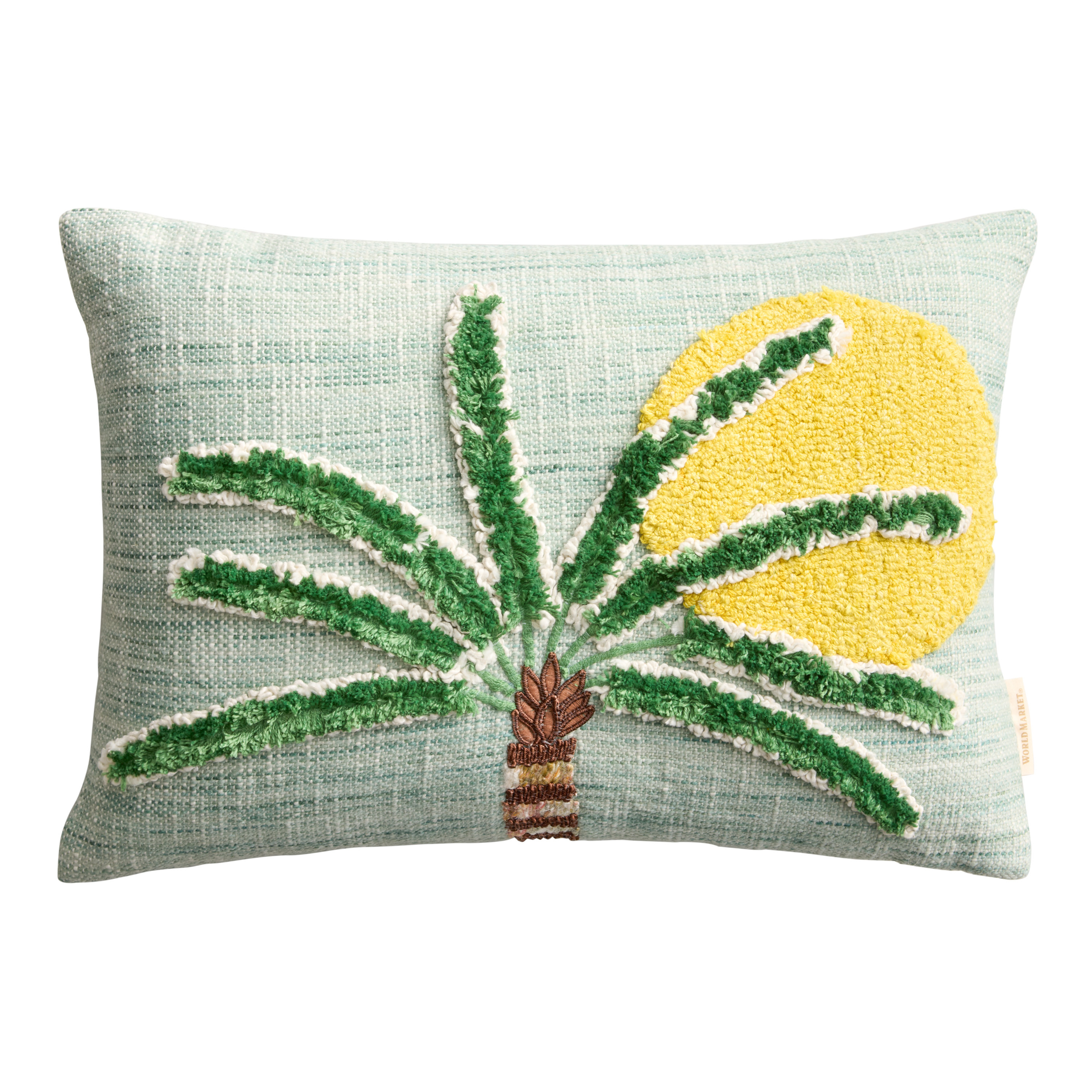 Blue Palm Tree Embroidered Indoor Outdoor Lumbar Pillow | World Market