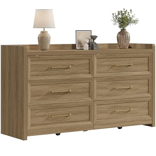 SICOTAS 6 Drawer Dresser for Bedroom-56.4" Extra-Wide Wooden Chest of Drawers with Large Storage, Long Dresser TV Stand with Drawers, Mid Century Modern Closet Dressers for Nursery, Brown Oak | Amazon (US)
