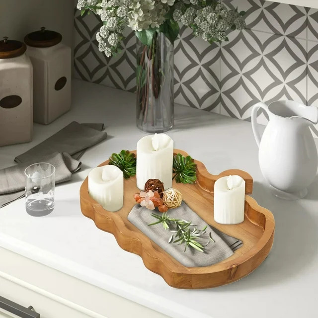 SOFE Farmhouse Pumpkin Serving Tray for Tabletop Decor, Wooden Brown Serving Platter Shallow Dish... | Walmart (US)