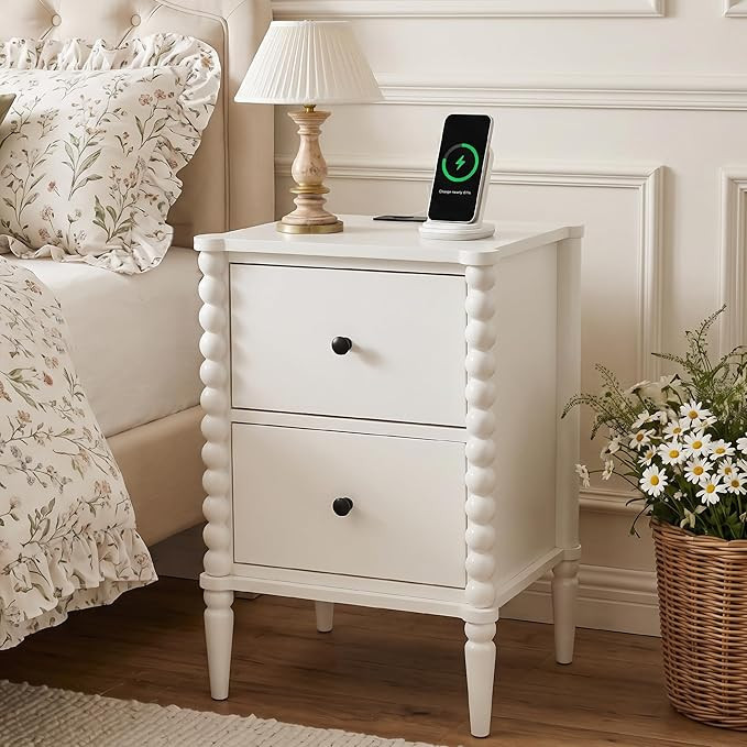 Afuly White Night Stand Vintage Nightstand Bedside Table with Charging Station, Wood Nightstands ... | Amazon (US)