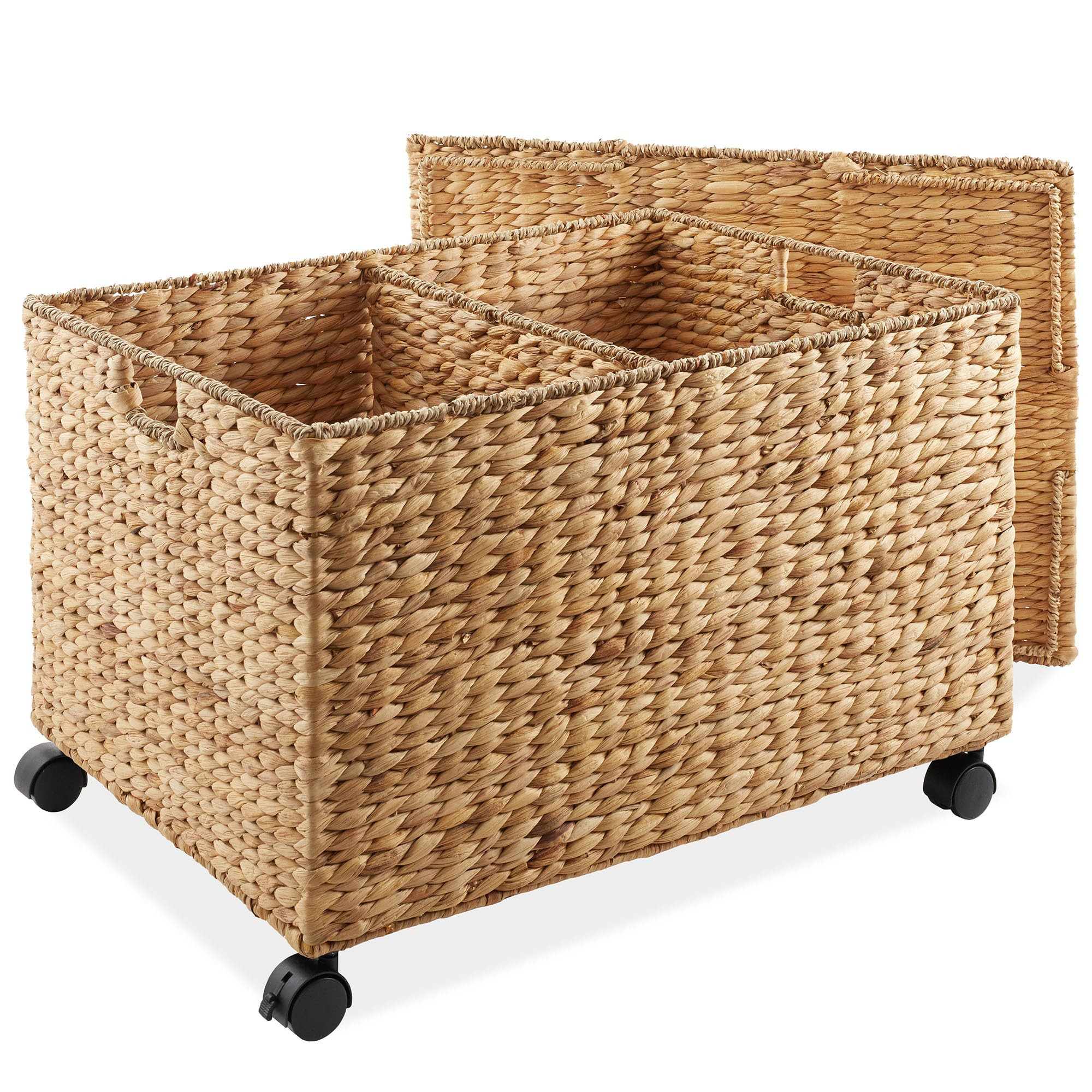 Casafield Rolling Storage Basket Cart with Lid and Locking Wheels, Natural - Handwoven Water Hyacinth Divided Recycling Sorting Bin for Kitchen, Laundry Room, Garage | Amazon (US)