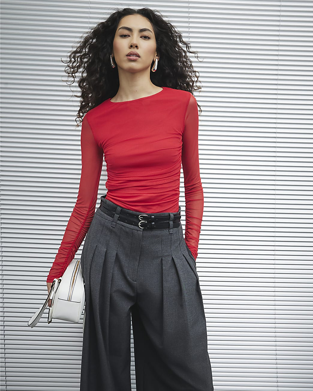 Red Long Sleeve Ruched Side Mesh Top | River Island UK & IE