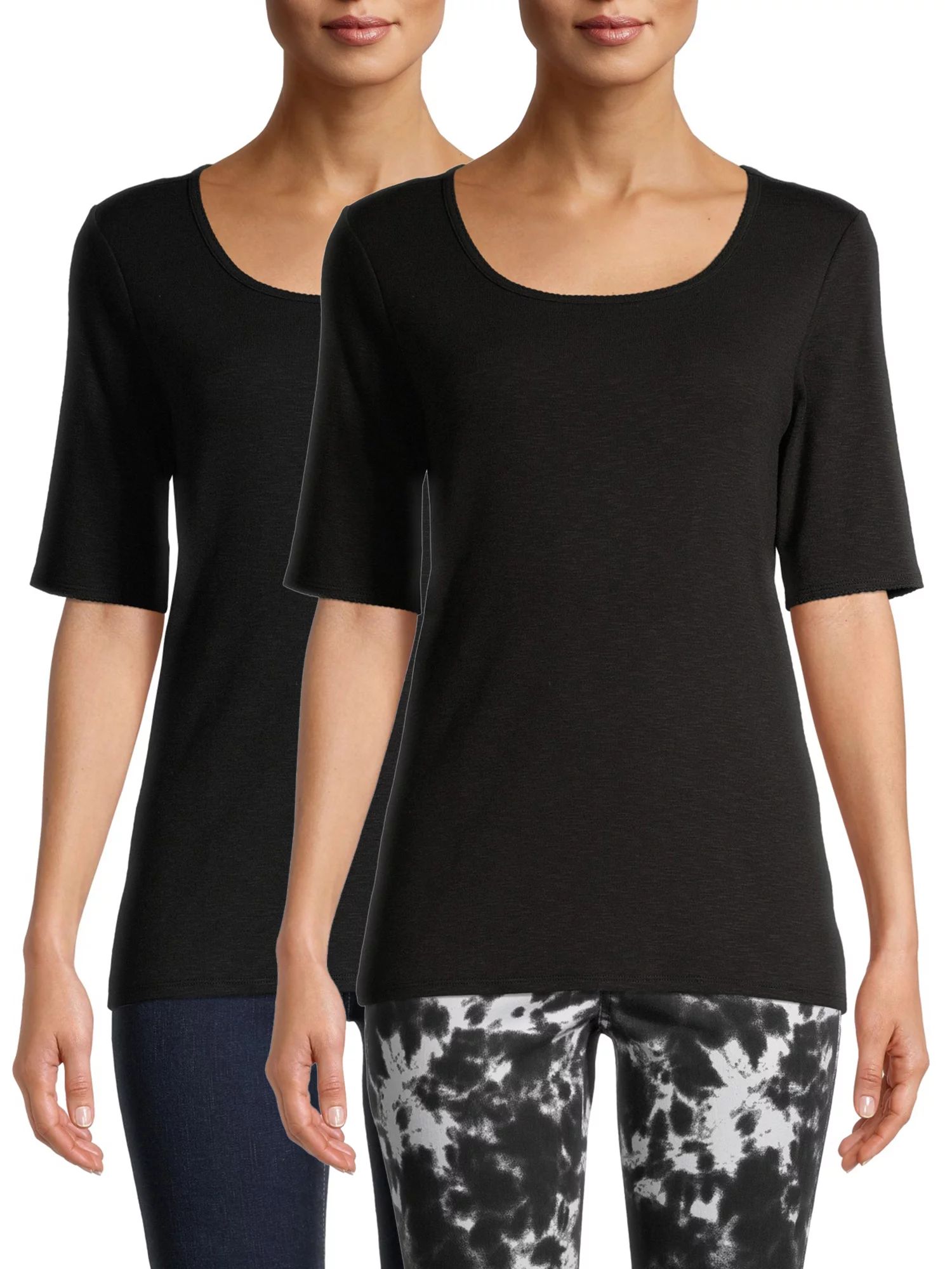 Time and Tru Women's Scoop Neck Elbow Sleeve T-Shirt, 2 Pack | Walmart (US)