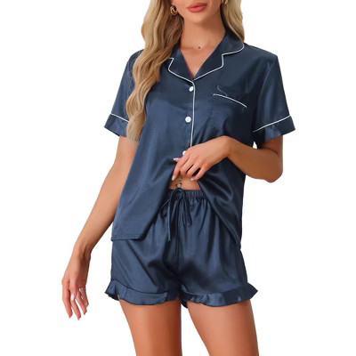 cheibear Women's Fashion Silky Satin Short Sleeve Top with Ruffle Hem Shorts Lounge Sets 2 Pcs Black Medium | Target