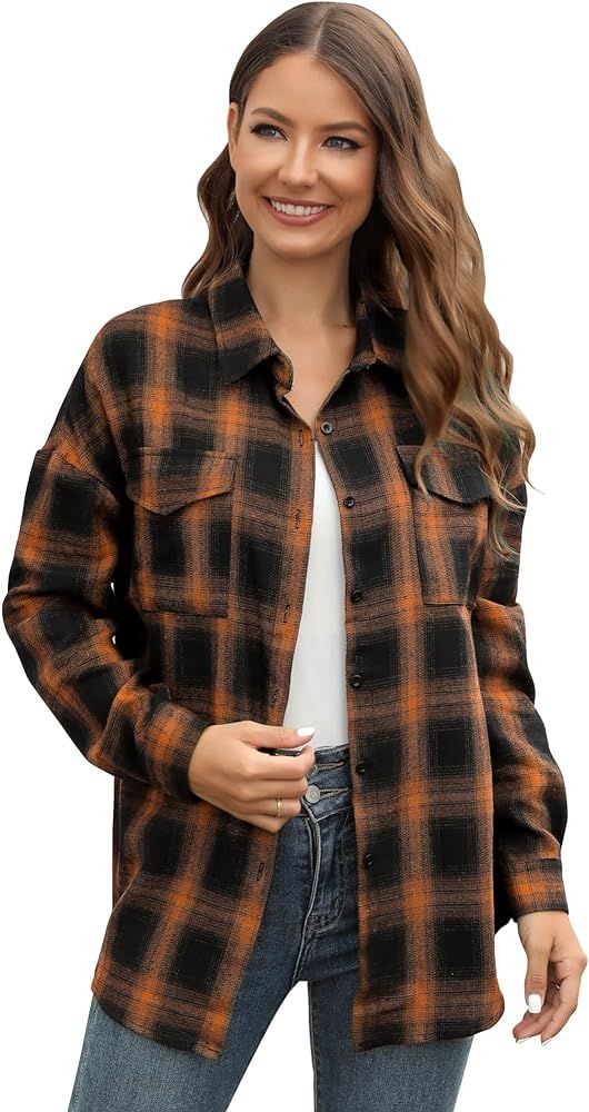 Womens Button Down Flannel Plaid Shacket Shirt Oversized Buffalo Long Sleeve Shirt Jacket | Amazon (US)