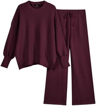 LILLUSORY Women 2 Piece Outfits Sweatsuit Oversized Knit Pullover Sweater Tops Wide Leg Pants Lou... | Amazon (US)