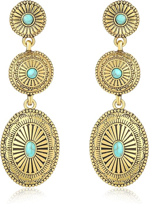 Chic Western Cowgirl Dangle Concho Earrings Boho Vintage Country Concert Sterling Silver Turquois... | Amazon (US)