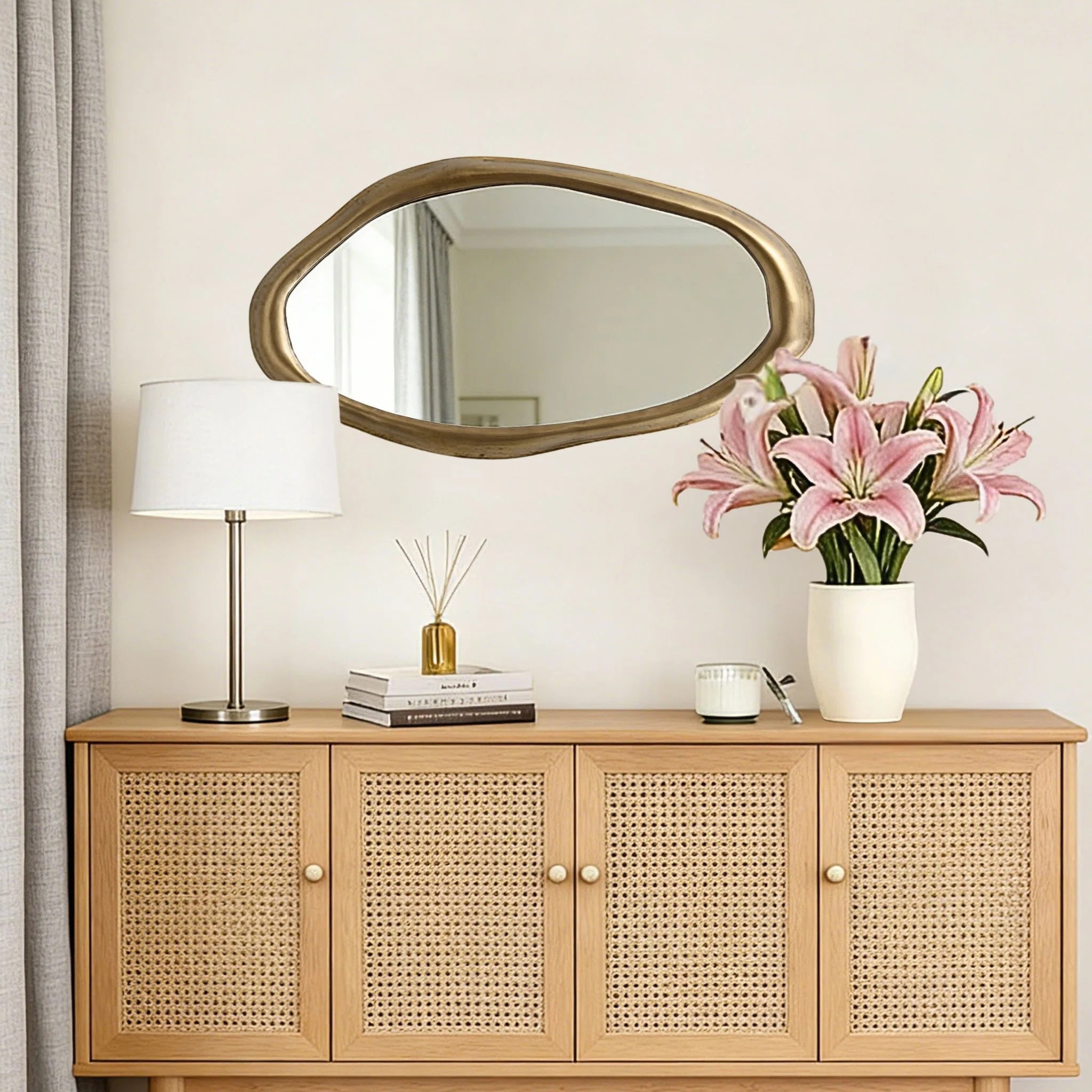 Elegant Wall Mirror with Curved Frame, Aged Gold Finish, Modern Accent Decor, 29.5"x15.25" | Wayfair North America