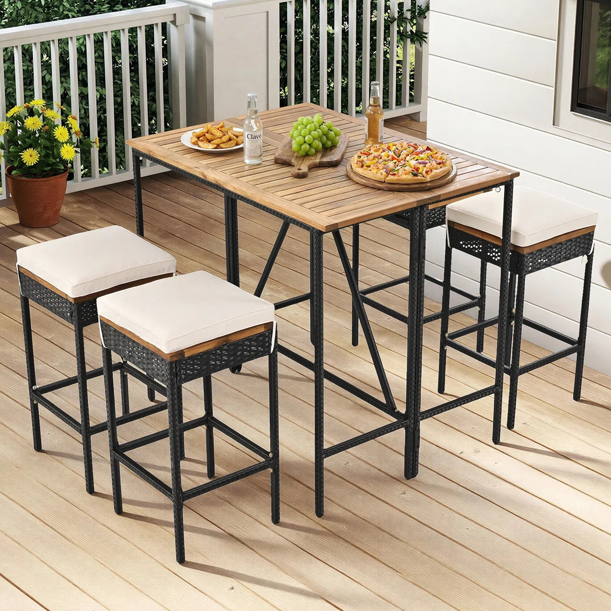 5-Piece Patio Solid Wood Bar Foldable Tabletop with Four Stools & Soft Cushions, PE Rattan Wicker... | Wayfair North America