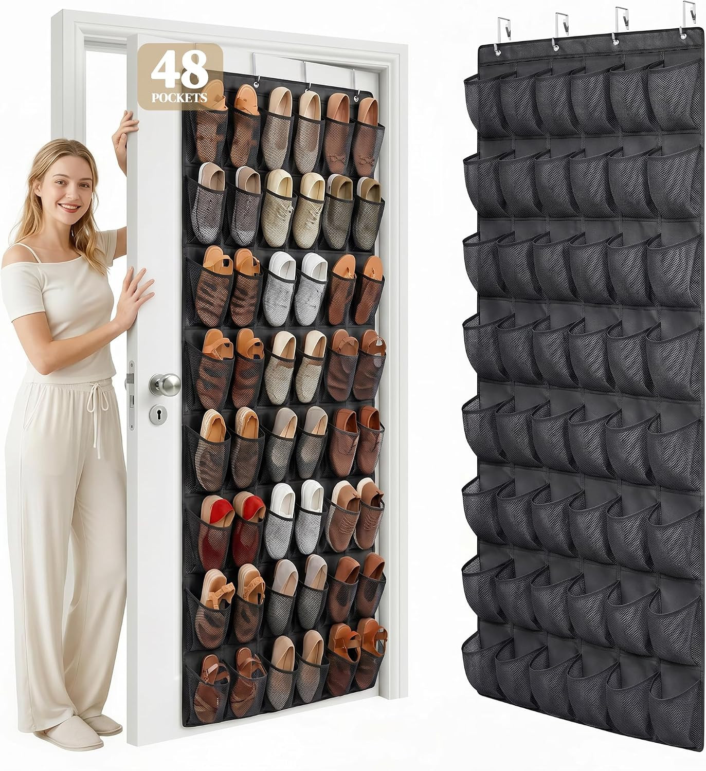 48 Pockets Over the Door Shoe Organizer, Fits Women's Shoes Up to US Size 9, 6-Column Heavy Duty Shoe Storage for Sneakers & Heels, Mesh Hanging Rack for Entryway, Bedroom & Dorm, Black | Amazon (US)