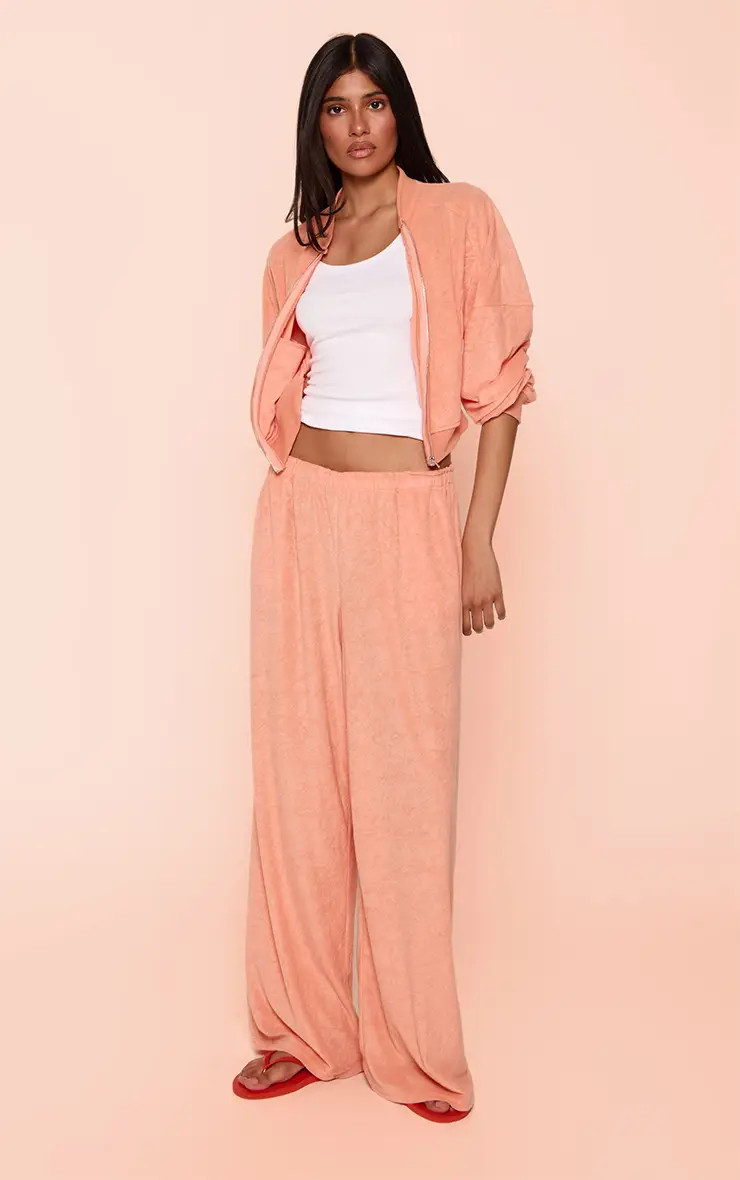 Peach Toweling Wide Leg Joggers | PrettyLittleThing UK