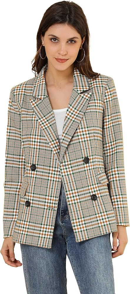 Allegra K Women's Notched Lapel Double Breasted Plaid Work Formal Blazer Jacket | Amazon (US)