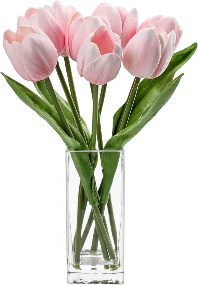 Briful Fake Flowers Artificial Tulip Flower Pink in Clear Vase, Real Touch Foam Tulip Arrangement... | Amazon (US)