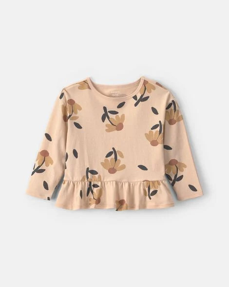 Toddler Girl Floral Long-Sleeve Peplum Top - Tan | Carter's | Carter's Inc