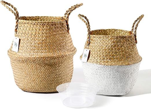 POTEY 720201 Seagrass Plant Basket Set of 2 - Hand Woven Belly Basket with Handles, Middle Storag... | Amazon (US)