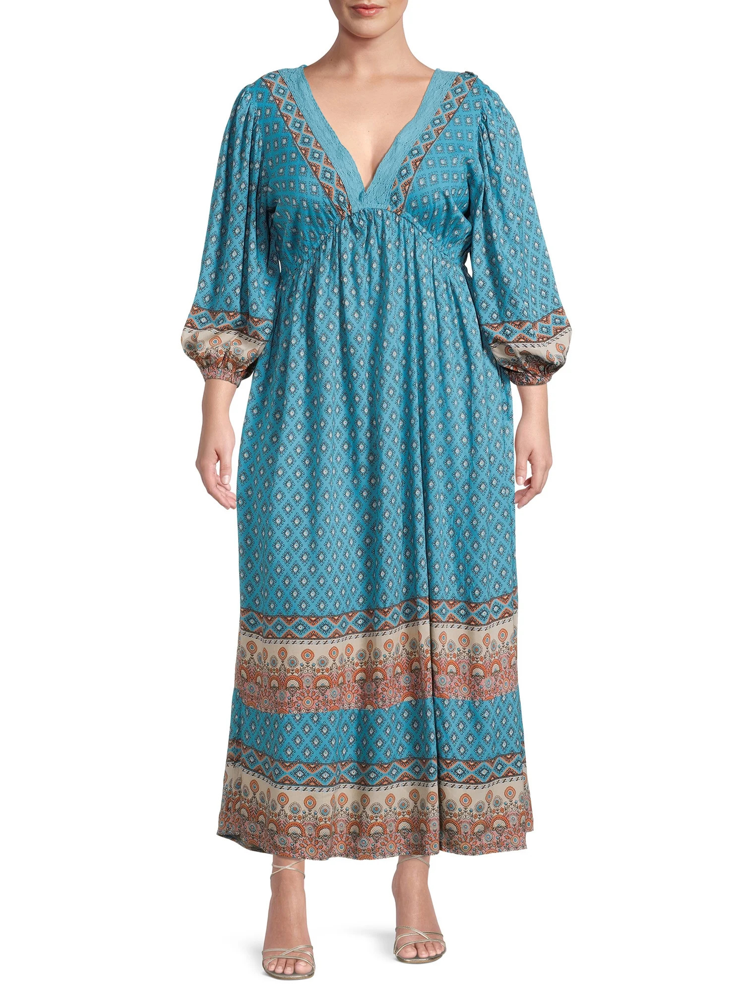 Romantic Gypsy Women's Plus Size Long Sleeve Crochet Trim Maxi Dress - Walmart.com | Walmart (US)
