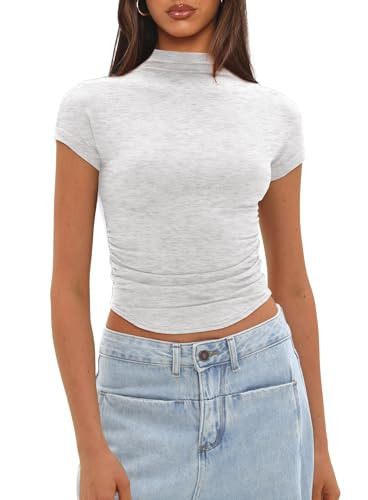 Darong Mock Neck Tops for Women Basic Short Sleeve Tight Summer Sexy Dressy Casual Summer T-Shirts 9093 White Grey M | Amazon (US)