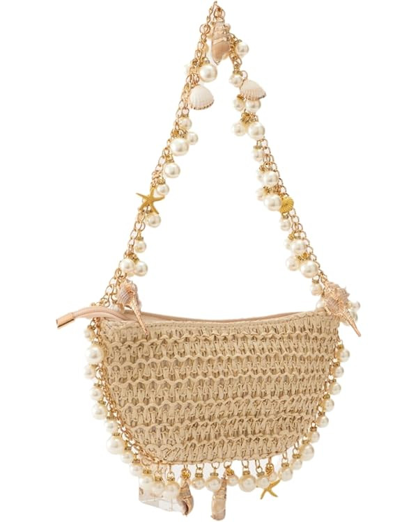 Women's Straw Woven Clutch Purse Summer Beach Pearl Conch Starfish Vocation Bag (Shell Shape) | Amazon (US)
