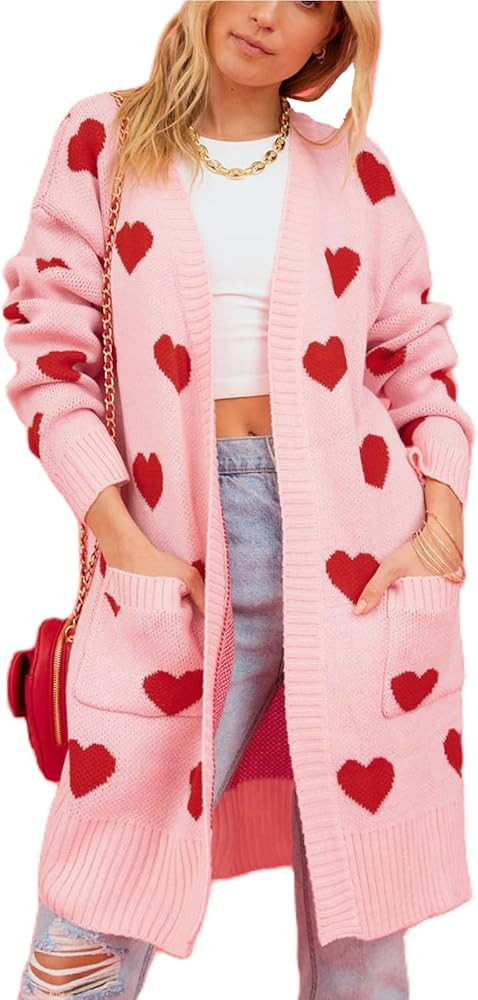 Womens Cardigan Sweaters Love Heart Print Open Front Cardigans Y2K Button Knitted Sweater Outerwe... | Amazon (US)