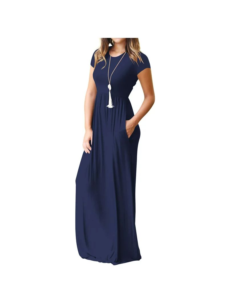 Mengpipi Women's Maxi Dresses Short Sleeve Long Casual Dresses Loose Plain with Pockets, Army Gre... | Walmart (US)