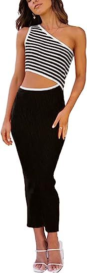 ONIRIKE Womens Cutout Bodycon Dress Sleeveless Crew Neck Slim Ribbed Knit Midi Dresses with Side ... | Amazon (US)
