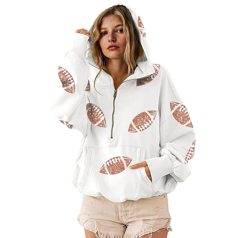 SeekMe Womens Game Day Sweatshirts Football Sequin Hoodies Tailgate Outfits Long Sleeve Zipper Sw... | Amazon (US)