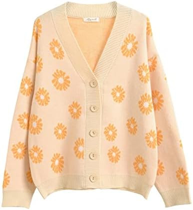 Hyipels Women's Long Sleeve Cardigan Sweater,Cute Y2K Top Knit Colorful Patterned V Neck Button O... | Amazon (US)