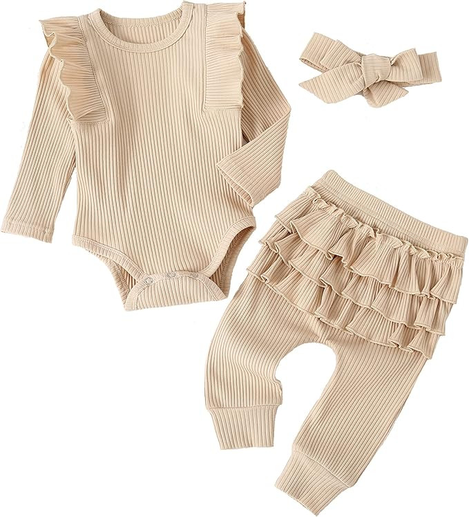 Fullfamous Baby Girl's 3pc Rib Frill Long Sleeve Romper and Pant Set | Amazon (US)