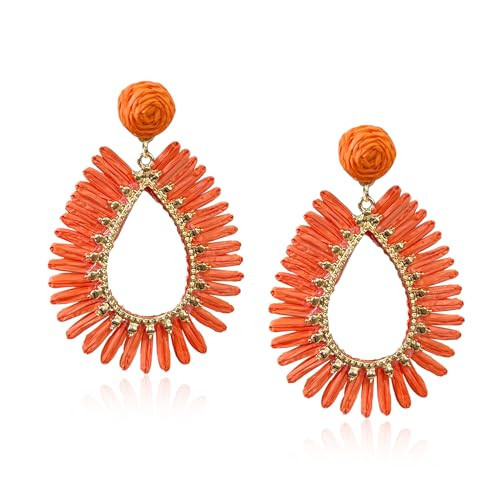 Anmpab Colorful Rattan Dangle Earrings Women Boho Raffia Woven Drop Earrings Statement Handmade Rainbow Earrings Bohemian Summer Beach Jewelry (Orange) | Amazon (US)