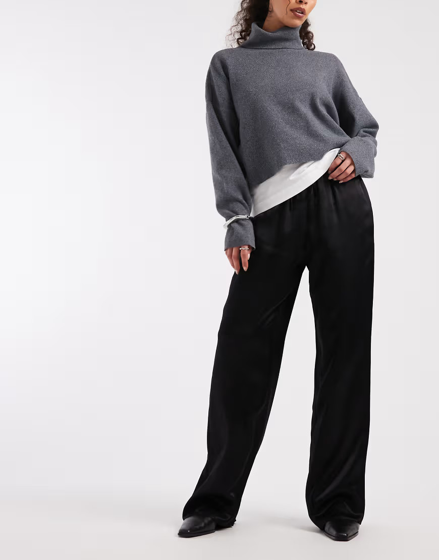 ASOS DESIGN satin wide leg pull on trouser in black | ASOS (Global)